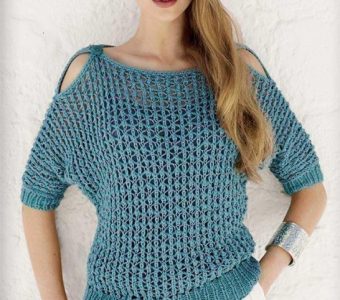 Сетчатый пуловер спицами с открытыми плечами (Вязание спицами)