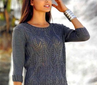 Пуловер из шелковой пряжи ажурным узором (Вязание спицами)